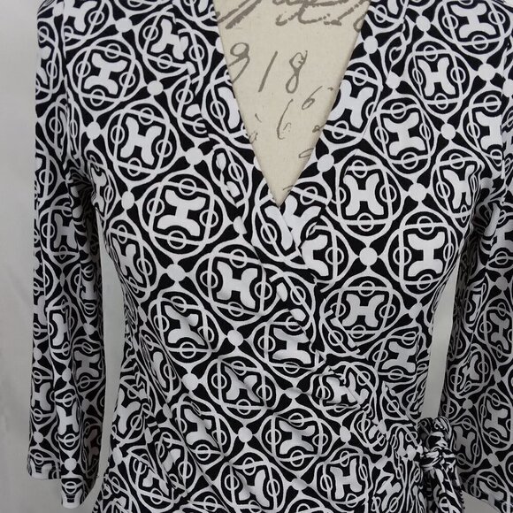 Bisou Bisou | Black & White Print Jersey Knit Stretch Wrap Dress |  Size 8 - Picture 3 of 9